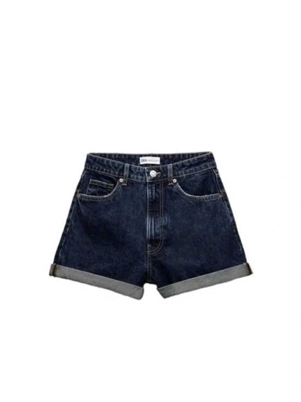 Zara Mom Fit High Rise Bermuda Jean Denim Shorts Dark Blue